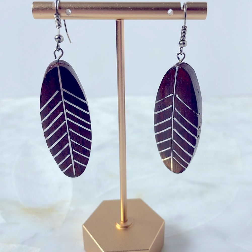 Wooden with silver metal inlay, feather earrings